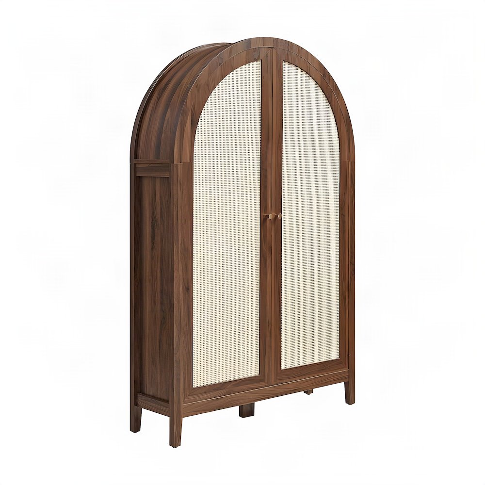Tall Arched Rattan Wood Storage Cabinet with Hidden Folding Desk, Walnut