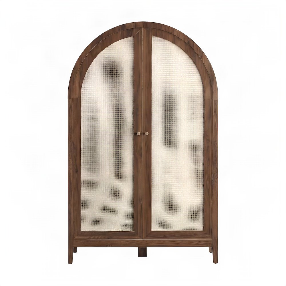 Tall Arched Rattan Wood Storage Cabinet with Hidden Folding Desk, Walnut