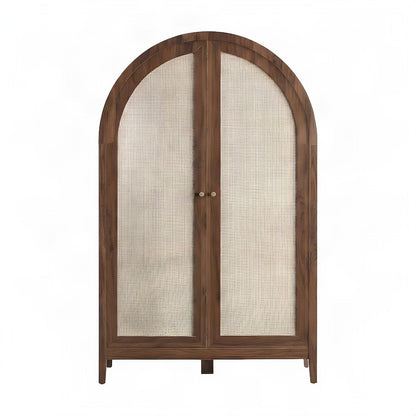 Tall Arched Rattan Wood Storage Cabinet with Hidden Folding Desk, Walnut