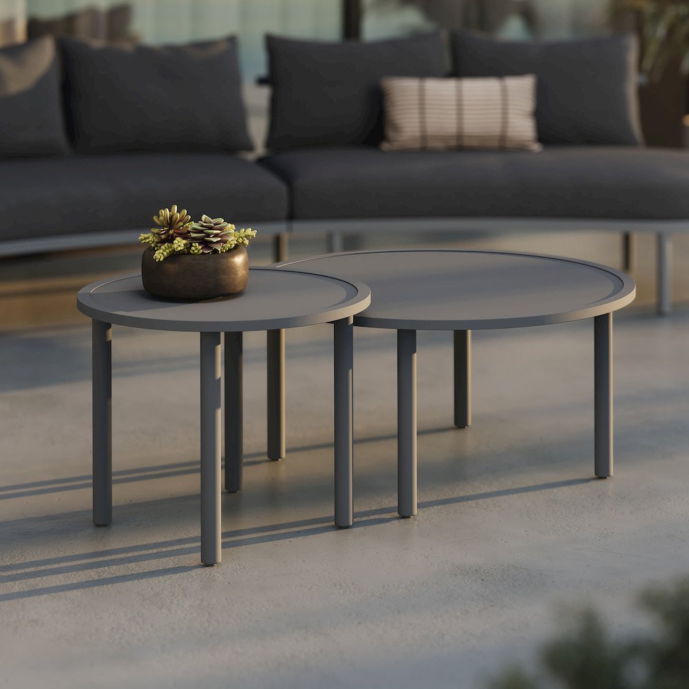 Porta 2 Piece Nesting Outdoor Patio Aluminum Coffee Table Set - Charcoal