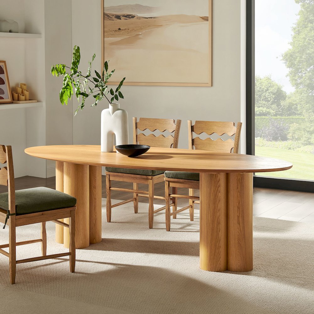 Renwick 79 Inch Oak Veneer Oval Pedestal Dining Table - Oak