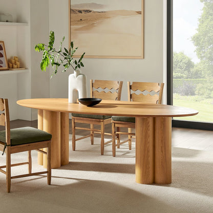 Renwick 79 Inch Oak Veneer Oval Pedestal Dining Table - Oak