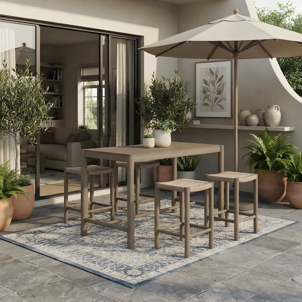 Teak Rectangular Outdoor Bar Height Pub Table, Weathered Gray Teak