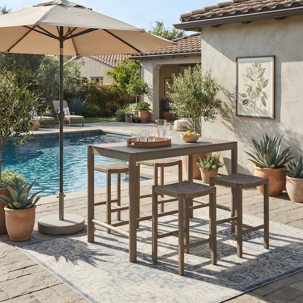Teak Rectangular Outdoor Bar Height Pub Table, Weathered Gray Teak