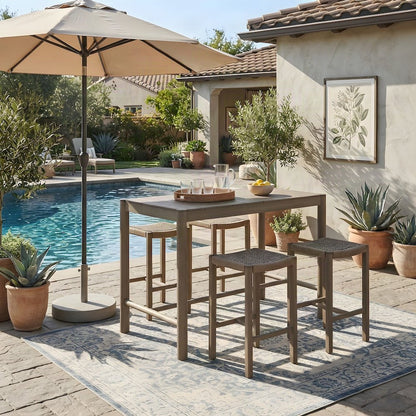Teak Rectangular Outdoor Bar Height Pub Table, Weathered Gray Teak
