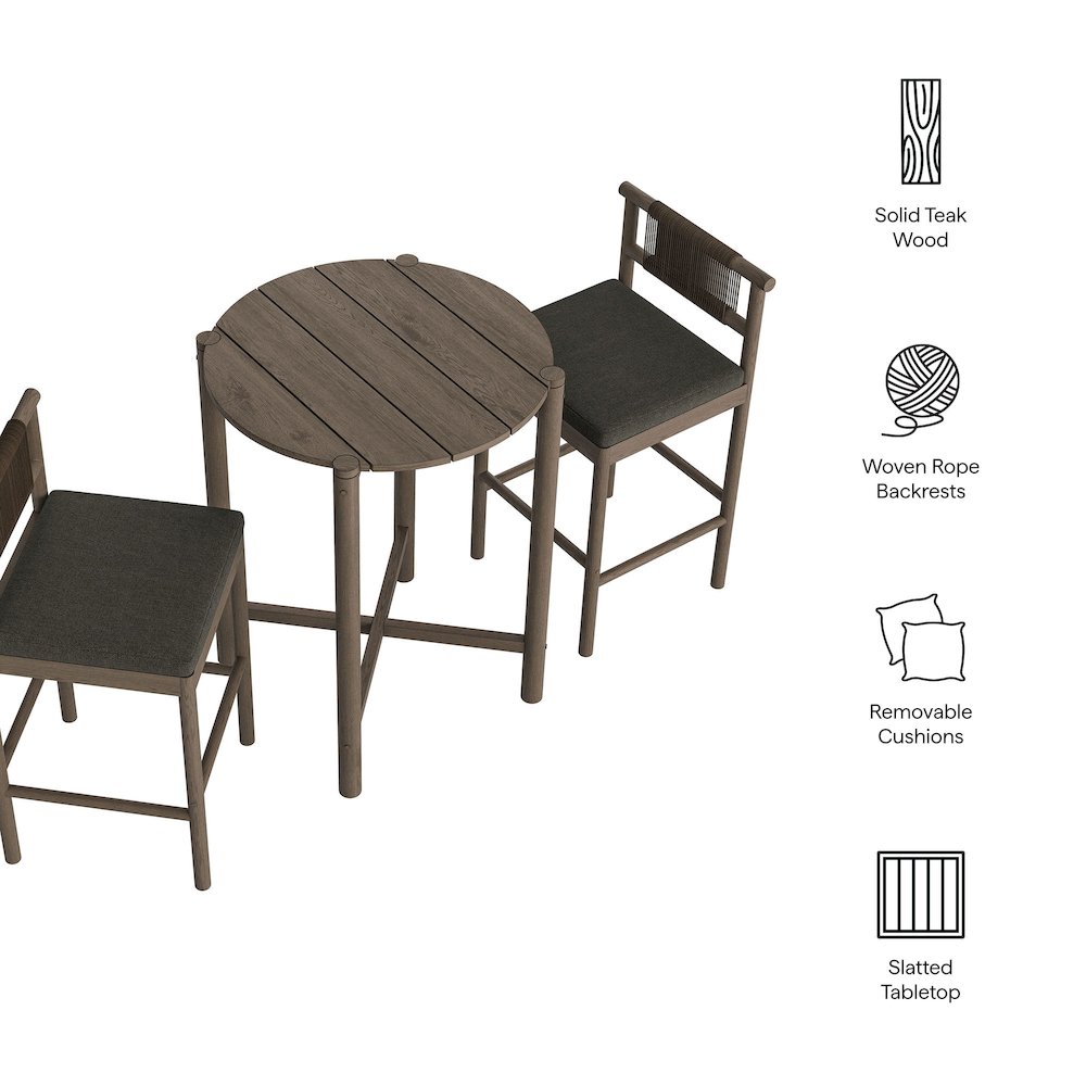 Eleni 3-Piece Outdoor Patio Teak Wood Bar Set