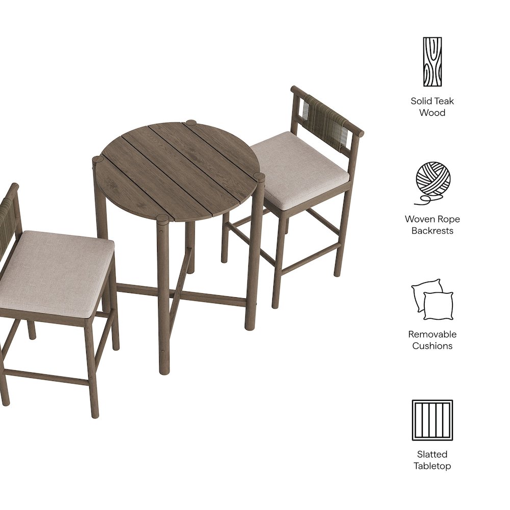 Eleni 3-Piece Outdoor Patio Teak Wood Bar Set