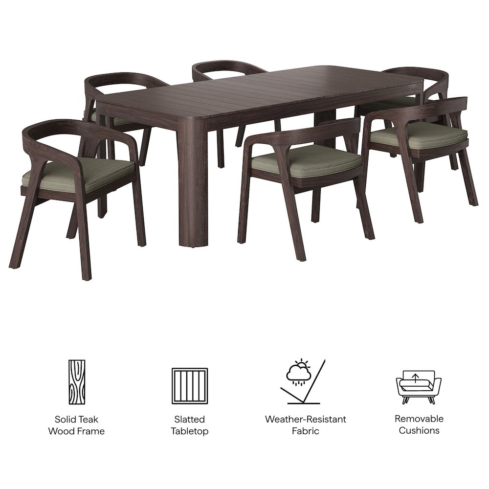 Kona 7-Piece Outdoor Patio Teak Wood Dining Set - Ash