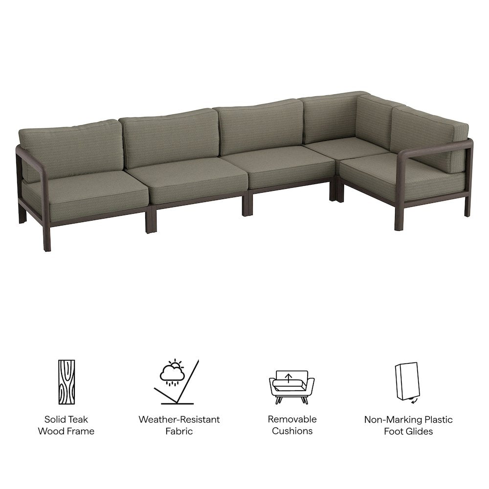 Kona L-Shaped Outdoor Patio Teak Wood Modular Sofa - Ash