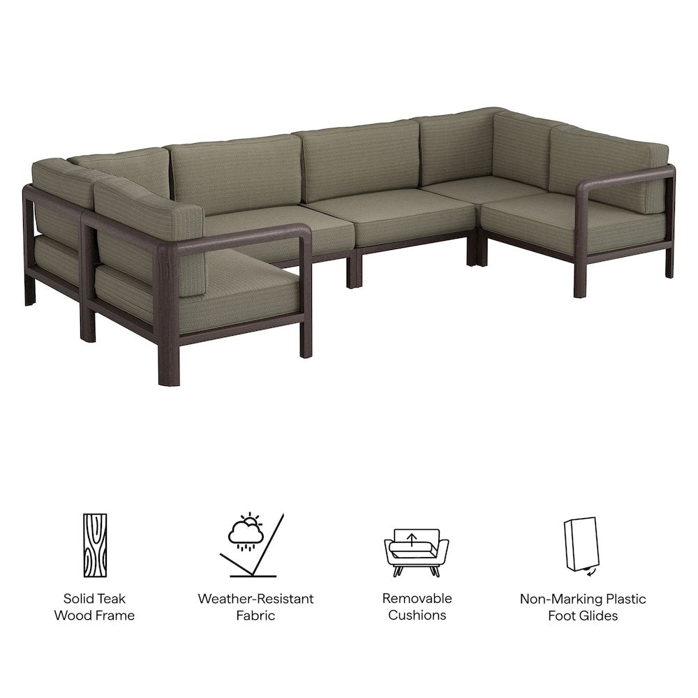 Kona 6-Piece Outdoor Patio Teak Wood Modular Sofa - Ash