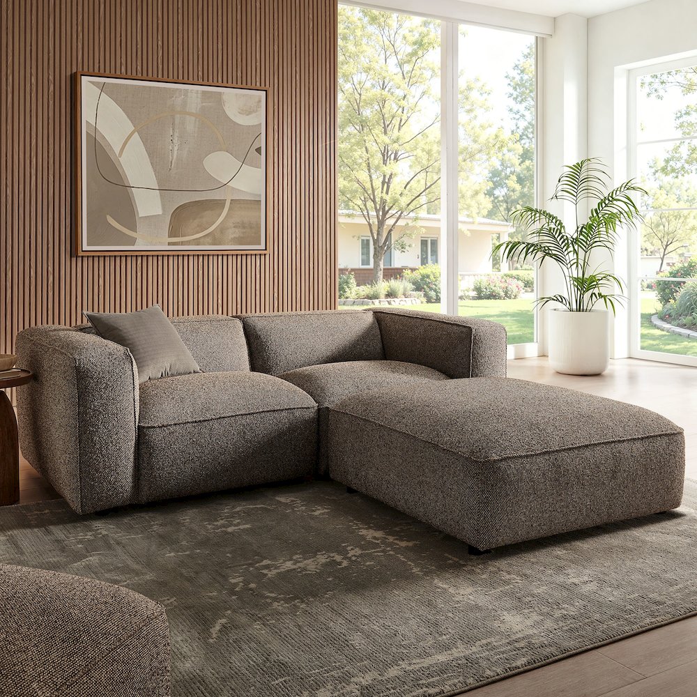 Auren 3 Piece Lattice Bouclé Upholstered Modular Loveseat with Ottoman - Earth