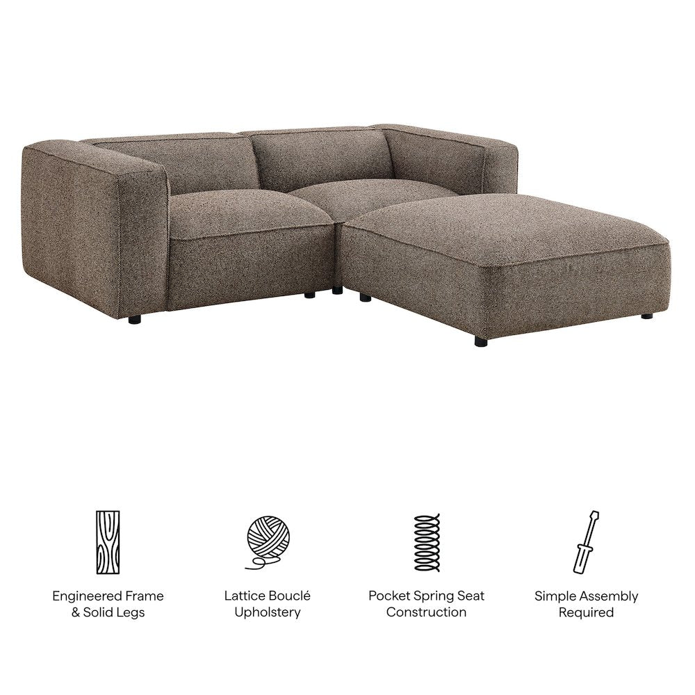 Auren 3 Piece Lattice Bouclé Upholstered Modular Loveseat with Ottoman - Earth