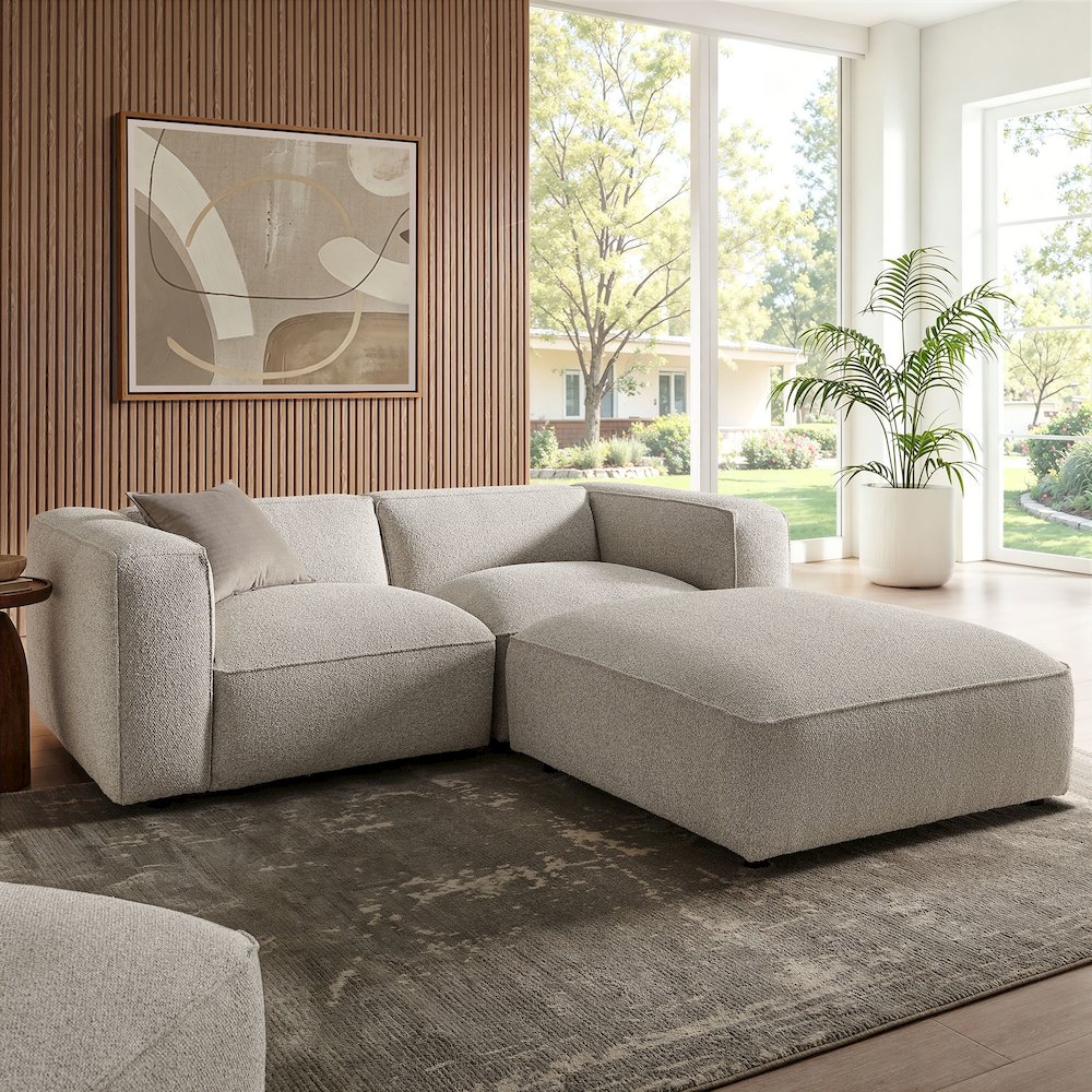 Auren 3 Piece Lattice Bouclé Upholstered Modular Loveseat with Ottoman - Fog