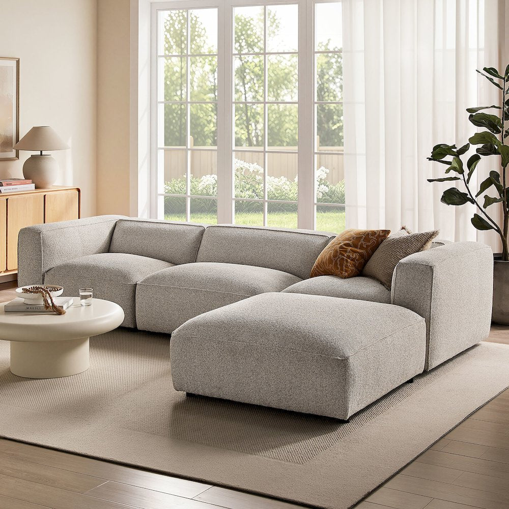Auren 4 Piece Lattice Bouclé Upholstered Modular Sofa with Ottoman - Fog