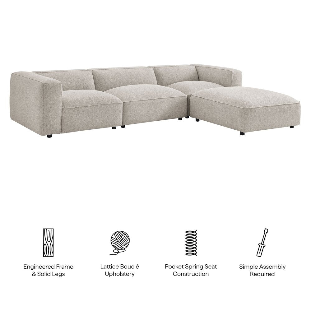 Auren 4 Piece Lattice Bouclé Upholstered Modular Sofa with Ottoman - Fog