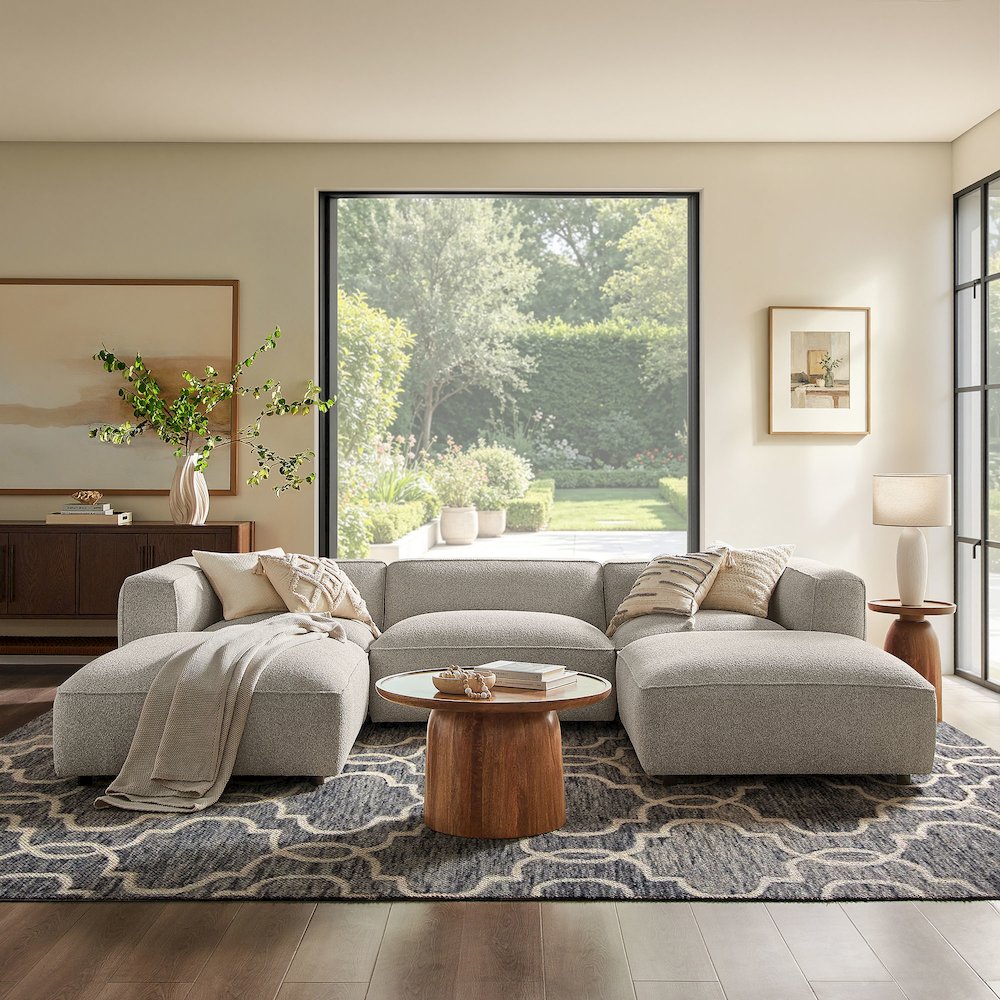 Auren 5 Piece Lattice Bouclé Upholstered Modular Sectional - Fog