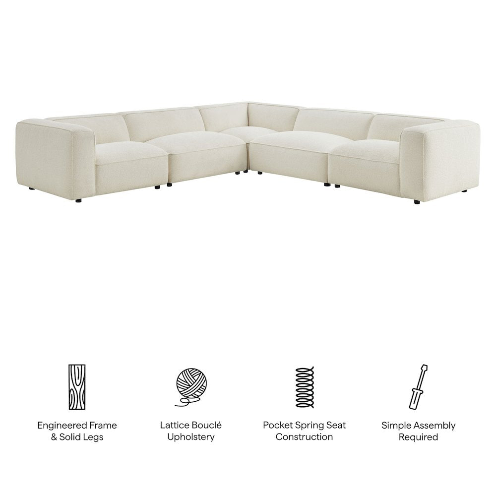 Auren 5 Piece Lattice Bouclé Upholstered Modular Corner Sectional - Cream