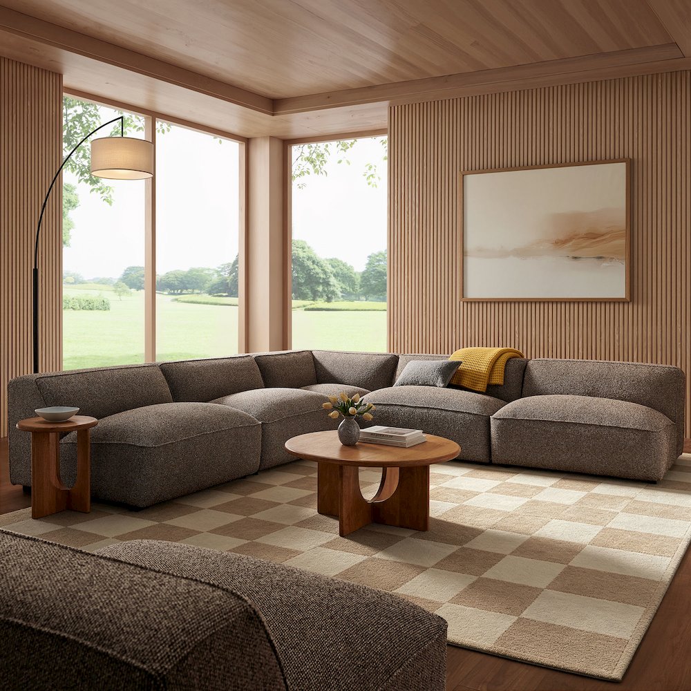 Auren 5 Piece Lattice Bouclé Upholstered Modular Corner Sectional - Earth