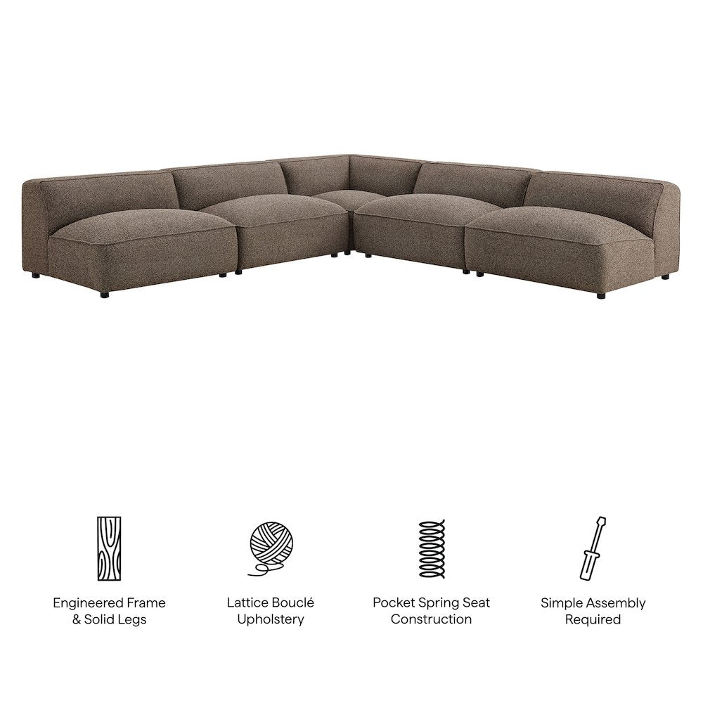 Auren 5 Piece Lattice Bouclé Upholstered Modular Corner Sectional - Earth