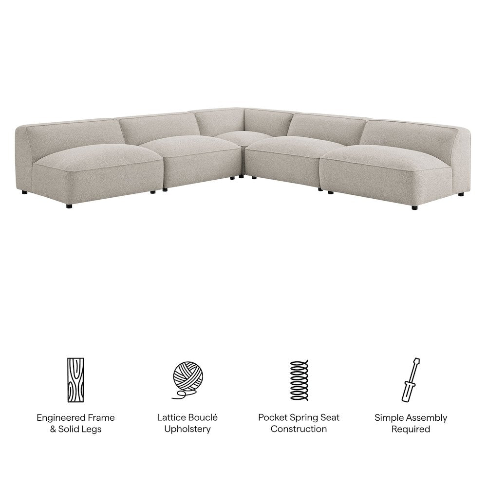 Auren 5 Piece Lattice Bouclé Upholstered Modular Corner Sectional - Fog