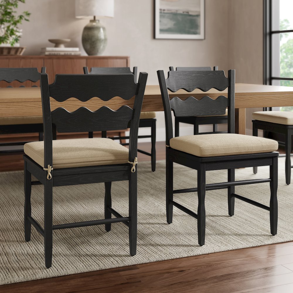 Jax Oak Wavy Back Cushion Dining Chairs Set of 2 - Black Linen