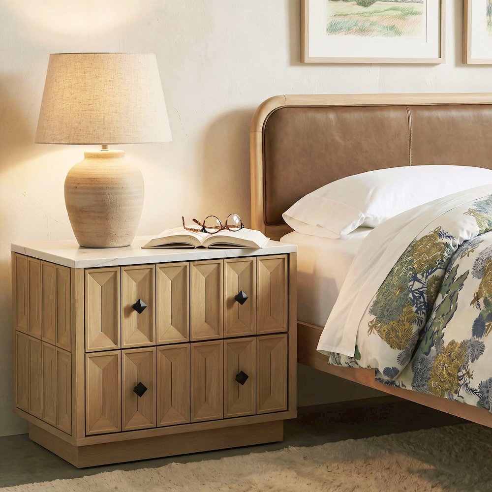 Mabry 23 Inch Geometric Faceted Two Drawer Nightstand - Oak