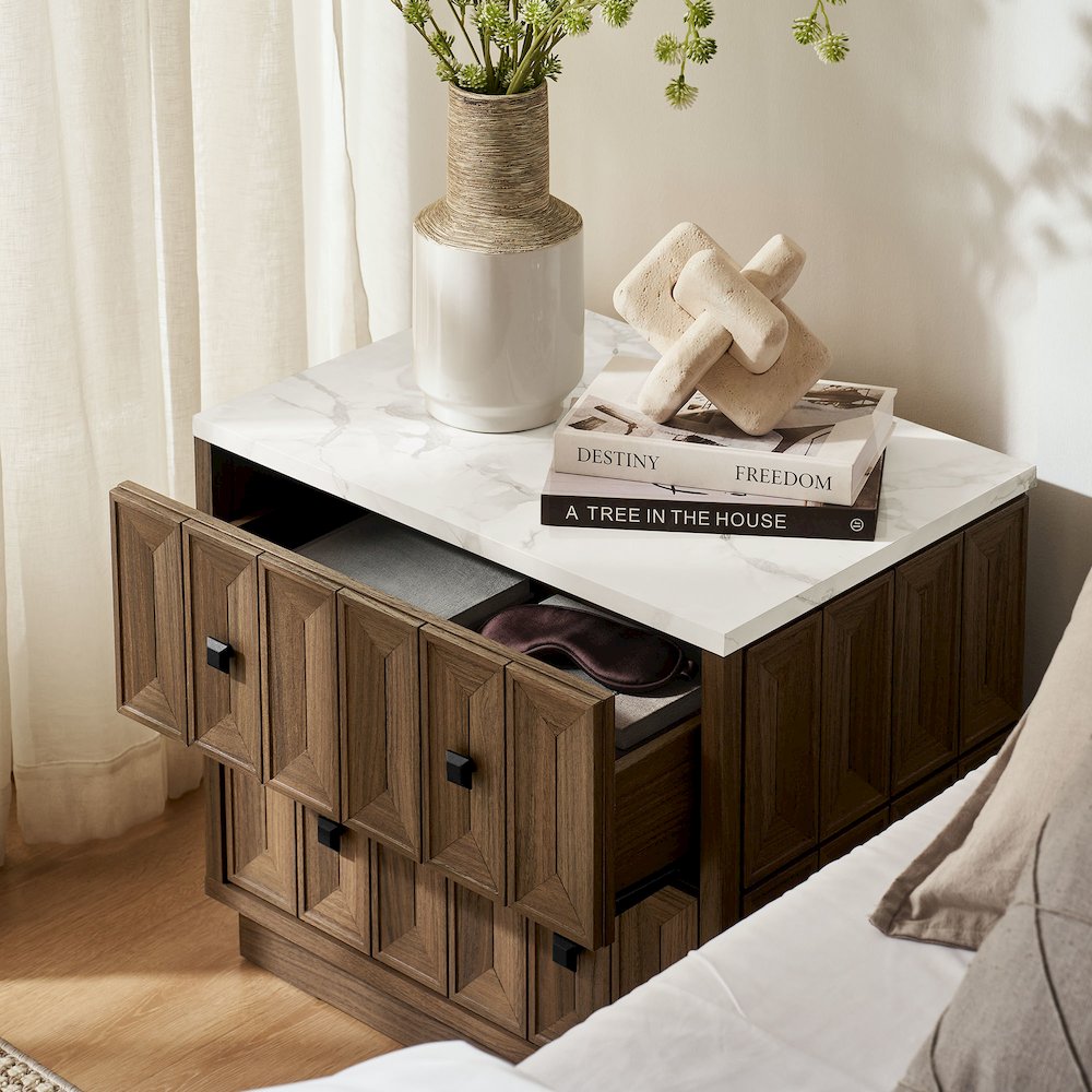 Mabry 23 Inch Geometric Faceted Two Drawer Nightstand - Walnut