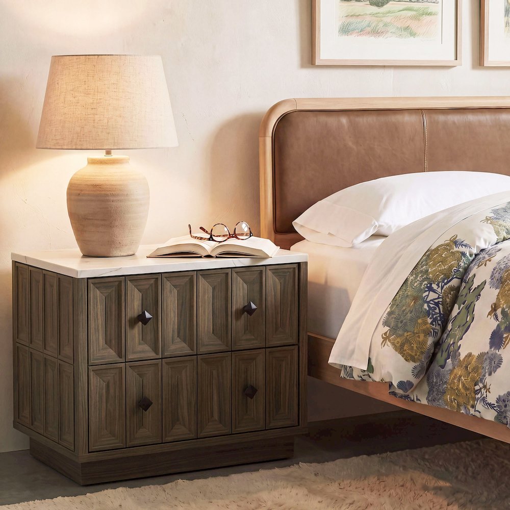 Mabry 23 Inch Geometric Faceted Two Drawer Nightstand - Walnut