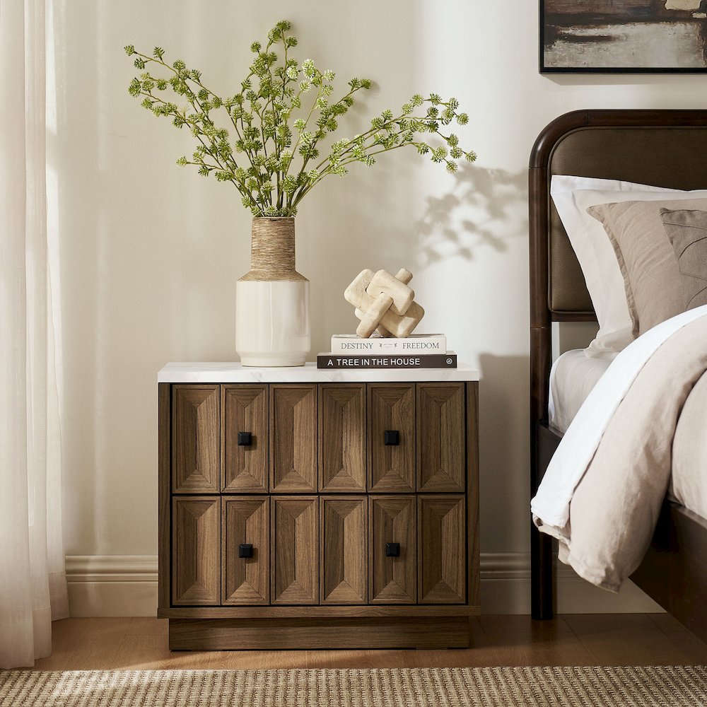 Mabry 23 Inch Geometric Faceted Two Drawer Nightstand - Walnut