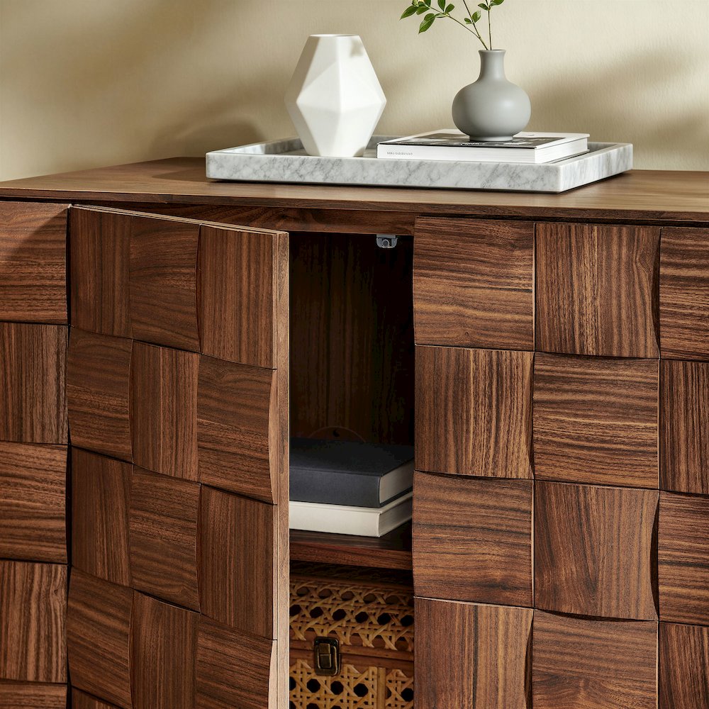 Duskin 68 Inch Geometric Block Design Four Door Sideboard - Walnut