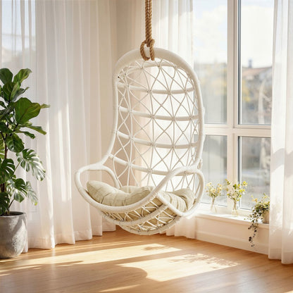 Tamarind Natural Rattan Hanging Chair - White Light Beige