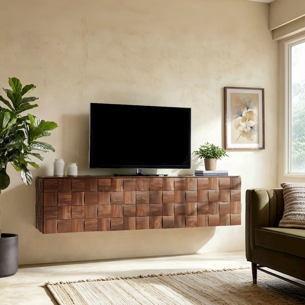 Duskin 79 Inch Geometric Block Design Wall Mounted TV Stand - Walnut