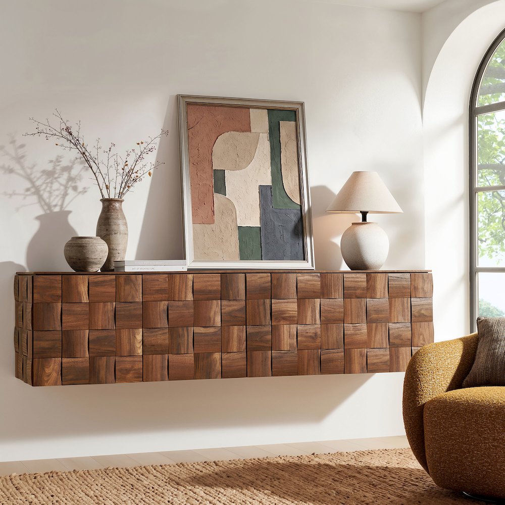 Duskin 79 Inch Geometric Block Design Wall Mounted TV Stand - Walnut