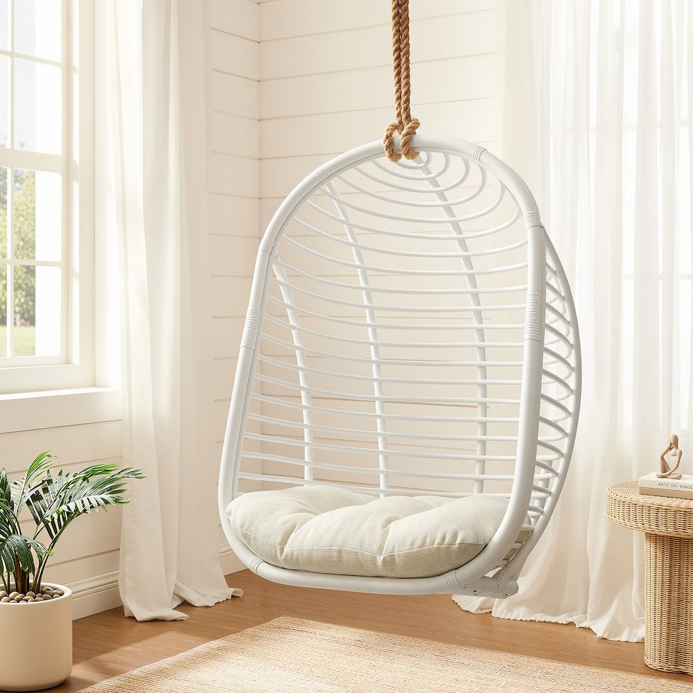 Neve Open Rib Weave Natural Rattan Hanging Chair - White