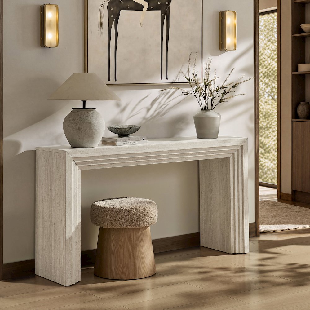 Olney 63 Inch Fluted Console Table - Ivory Travertine