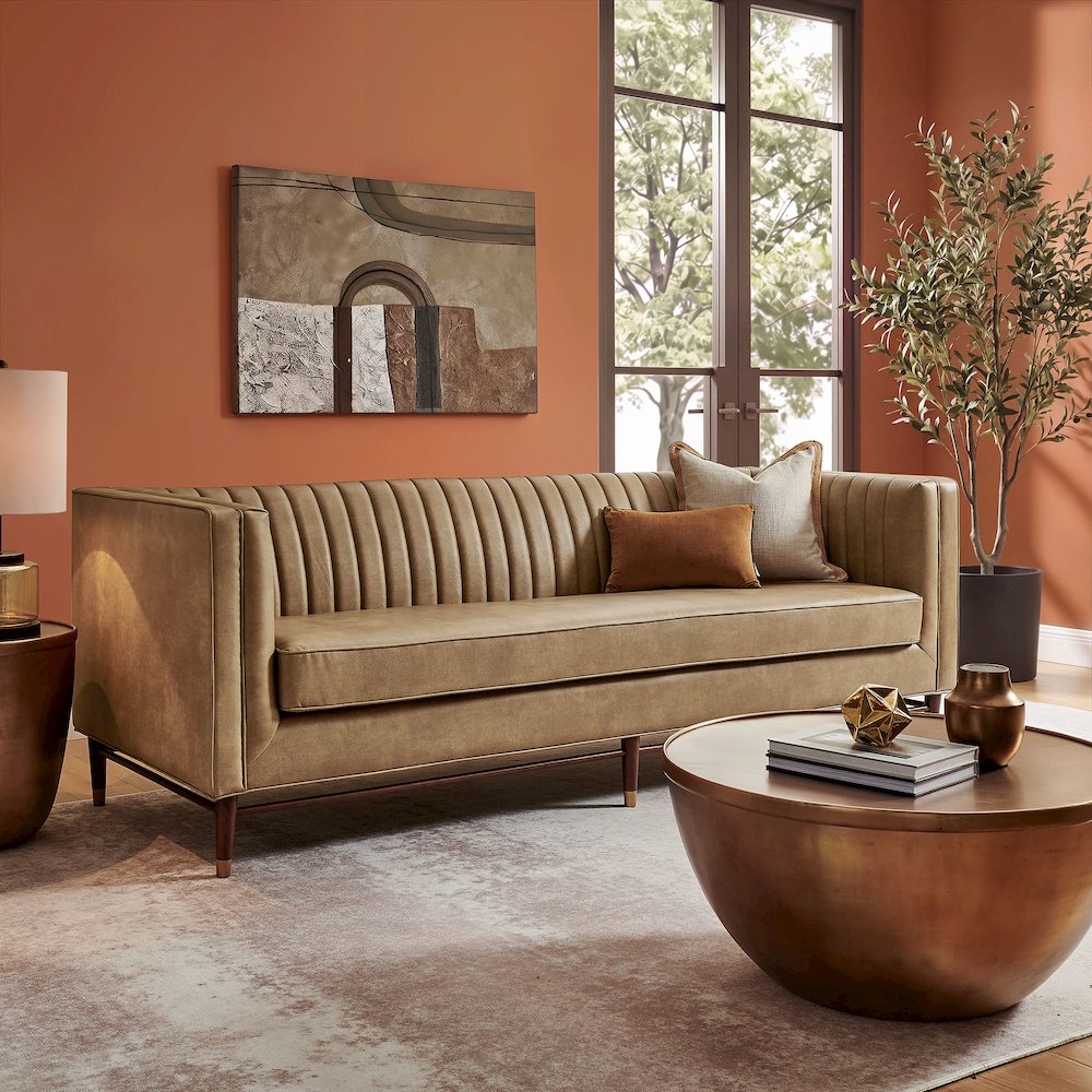 Devote 93 Inch Vegan Leather Channel Tufted Sofa - Toast