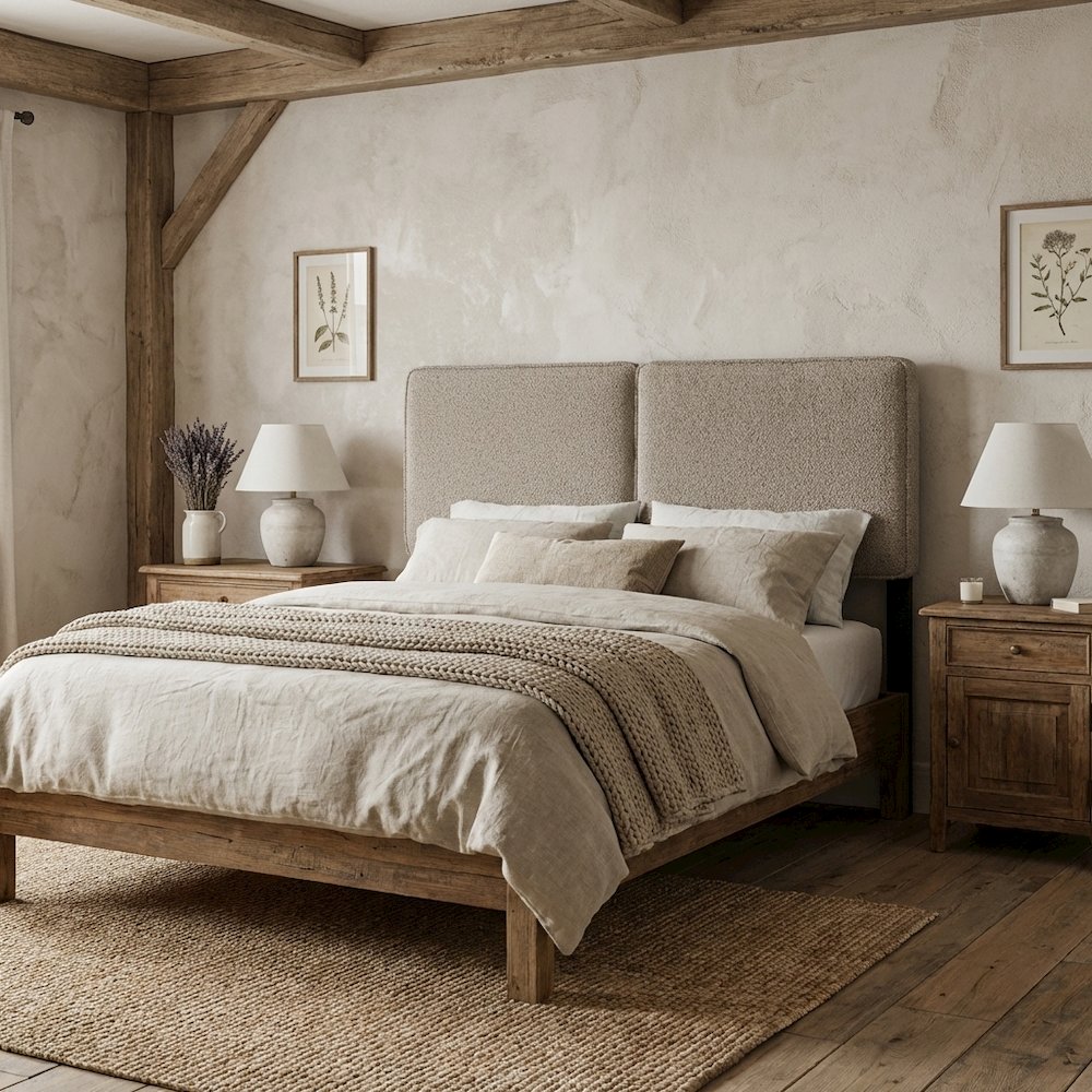 Boucle Fabric King Headboard in Soft Neutral, Padded Upholstery, Durable Frame