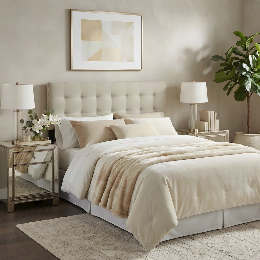 Tufted Linen Fabric Upholstered Queen Headboard, Cushioned Panel, Ivory