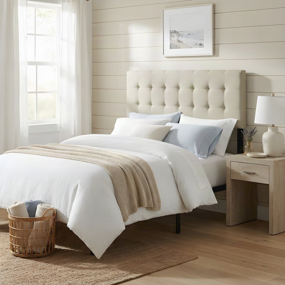 Tufted Linen Fabric Upholstered Queen Headboard, Cushioned Panel, Ivory
