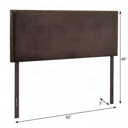 Upholstered Nailhead Queen Headboard Only, Padded Head Board, Dark Brown