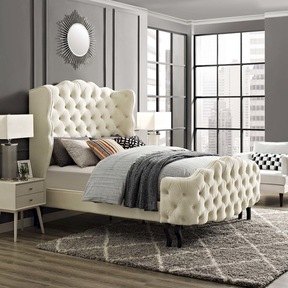 Violette Tufted Wingback Performance Velvet Queen Platform Bed
