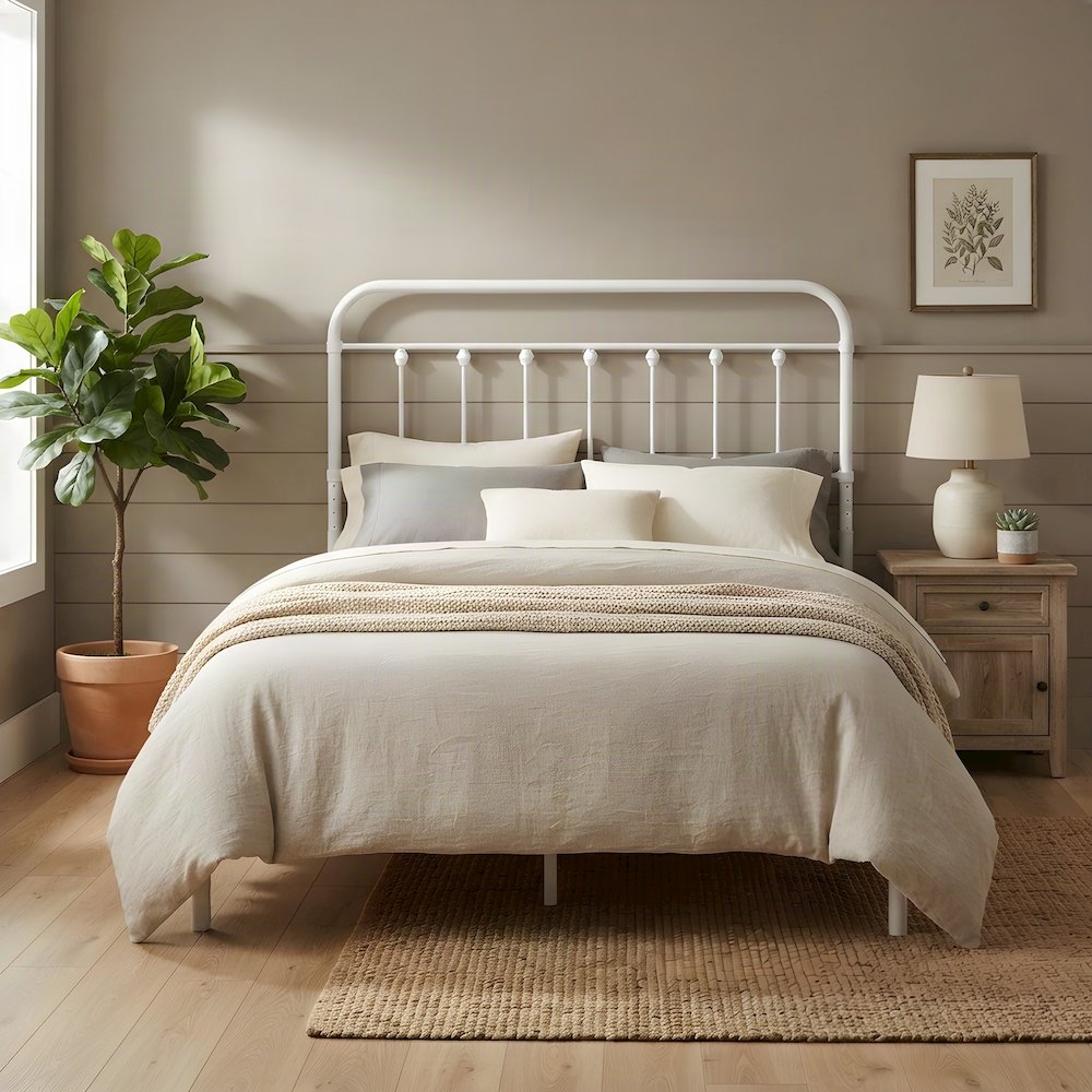 Metal Queen Headboard Only with Farmhouse Iron Open-Frame Design, White