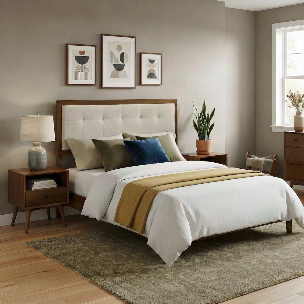 Full Size Upholstered Tufted Fabric and Wood Headboard, Walnut Beige