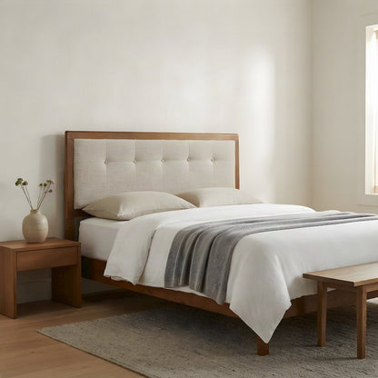 Full Size Upholstered Tufted Fabric and Wood Headboard, Walnut Beige