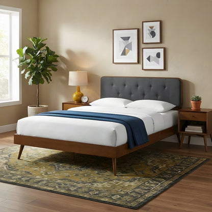 Wood Queen Platform Bed Frame with Headboard and Splayed Legs, Walnut Charcoal