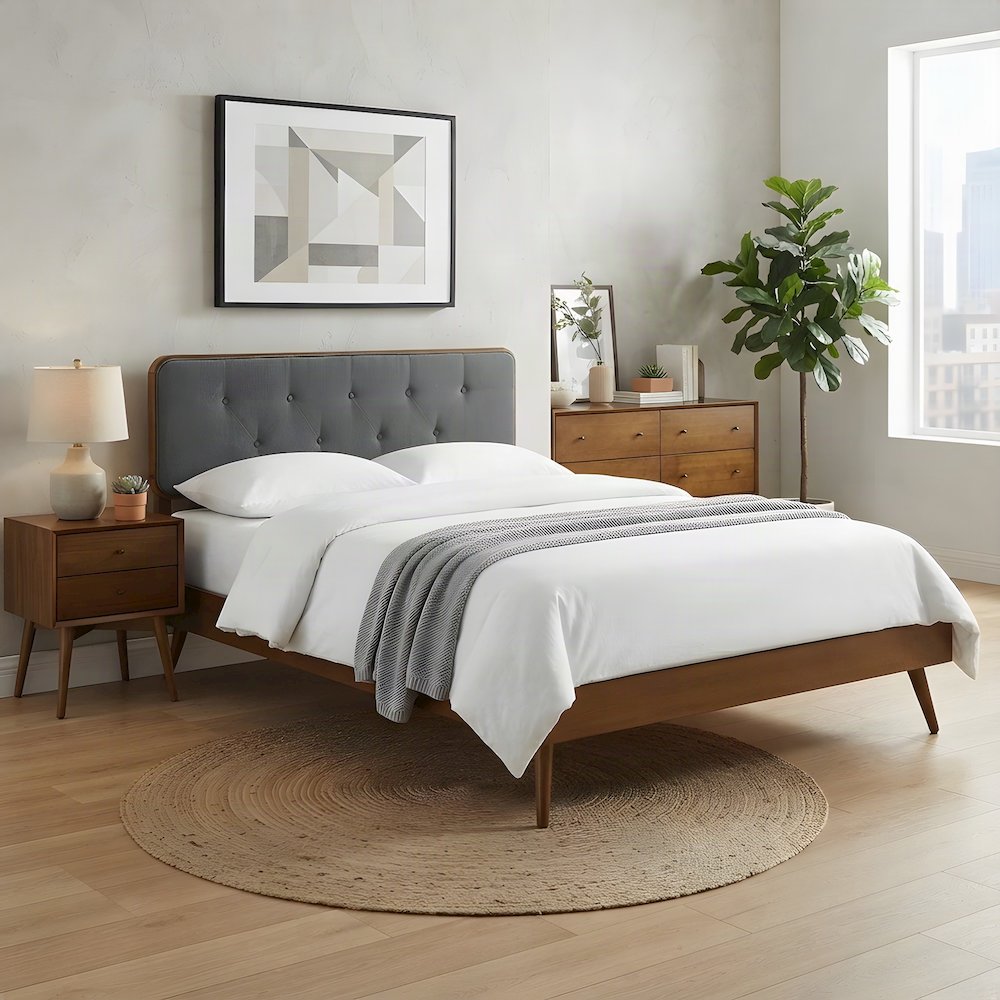 Wood Queen Platform Bed Frame with Headboard and Splayed Legs, Walnut Charcoal