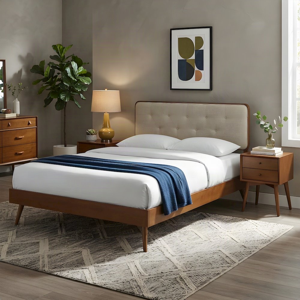 Mid-Century Modern Wood Full Platform Bed with Splayed Legs, Walnut Beige
