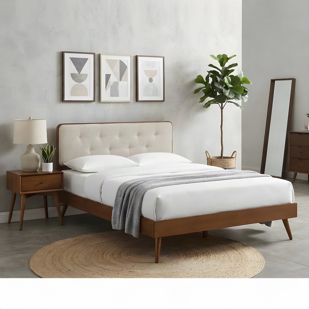 Mid-Century Modern Wood Full Platform Bed with Splayed Legs, Walnut Beige