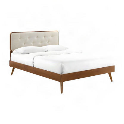Mid-Century Modern Wood Full Platform Bed with Splayed Legs, Walnut Beige