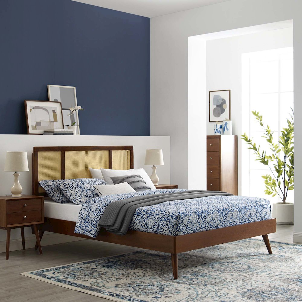 Kelsea Cane and Wood Full Platform Bed With Splayed Legs
